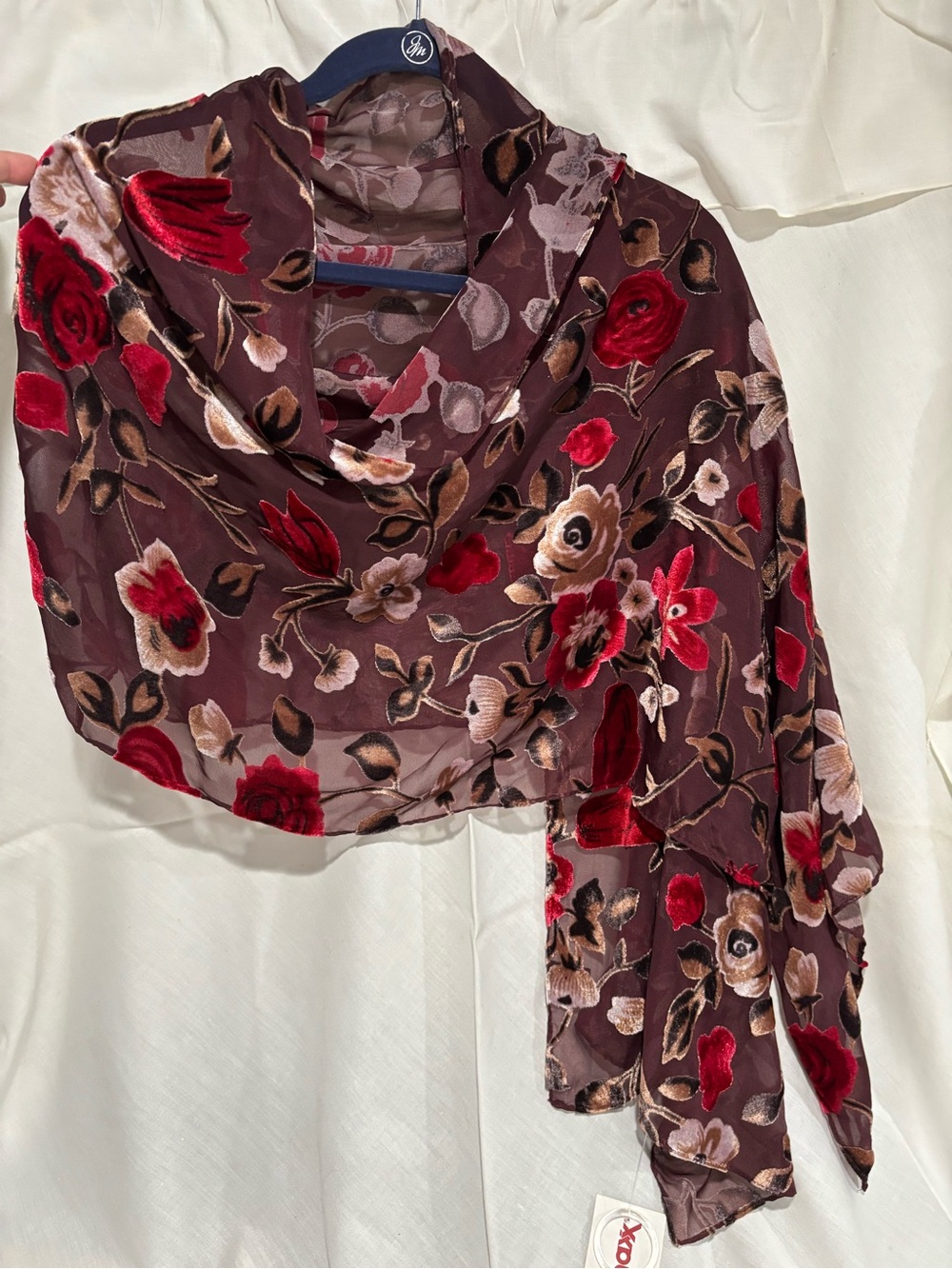 T.J.Maxx Burgundy Floral Velvet Burnout Scarf with Red Accents